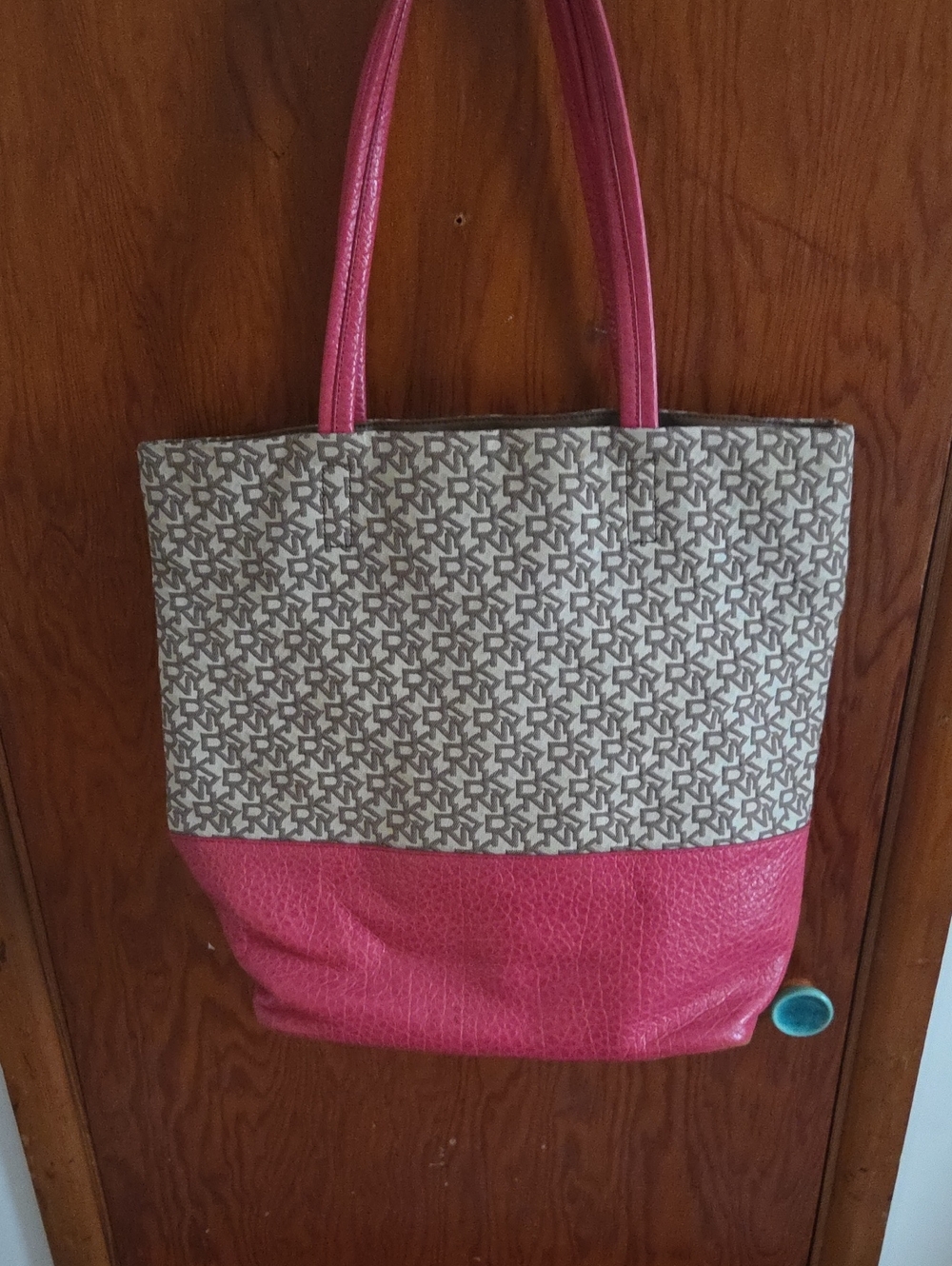 DKNY Beige Monogram Canvas Tote with Pink Base and Straps